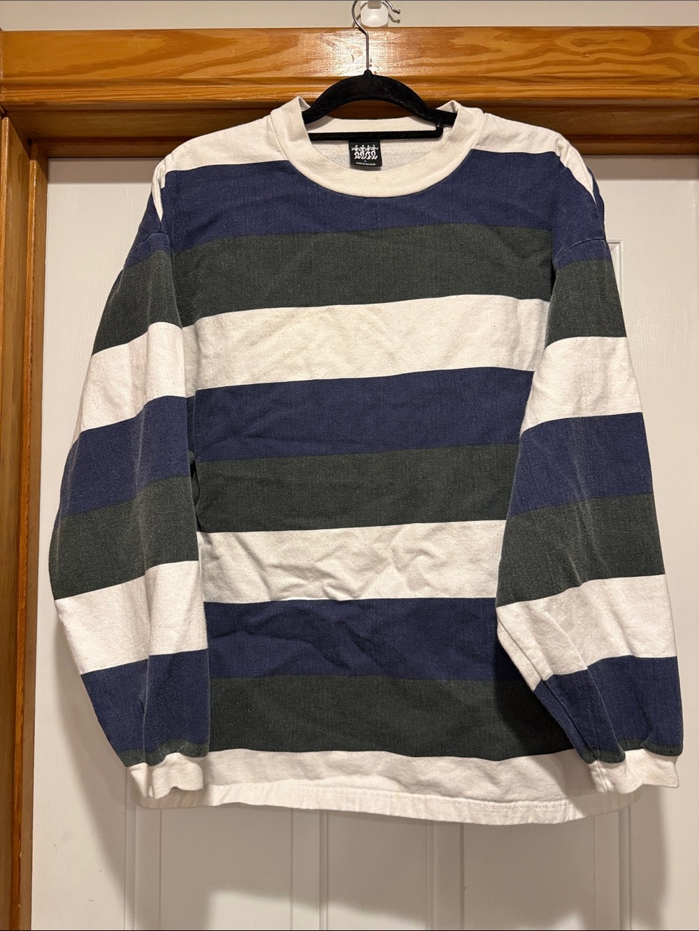 Striped Crewneck Sweater in Navy, White & Olive Green